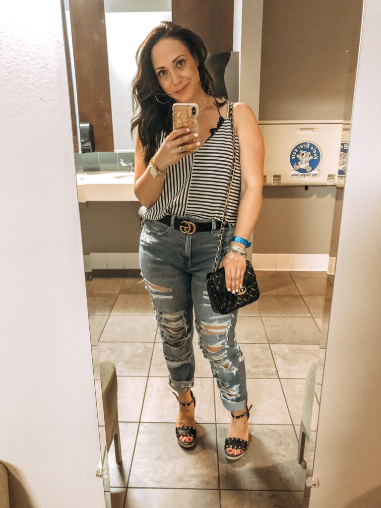 lauren hope frank wearing stripe tank with ripped jeans date night outfits